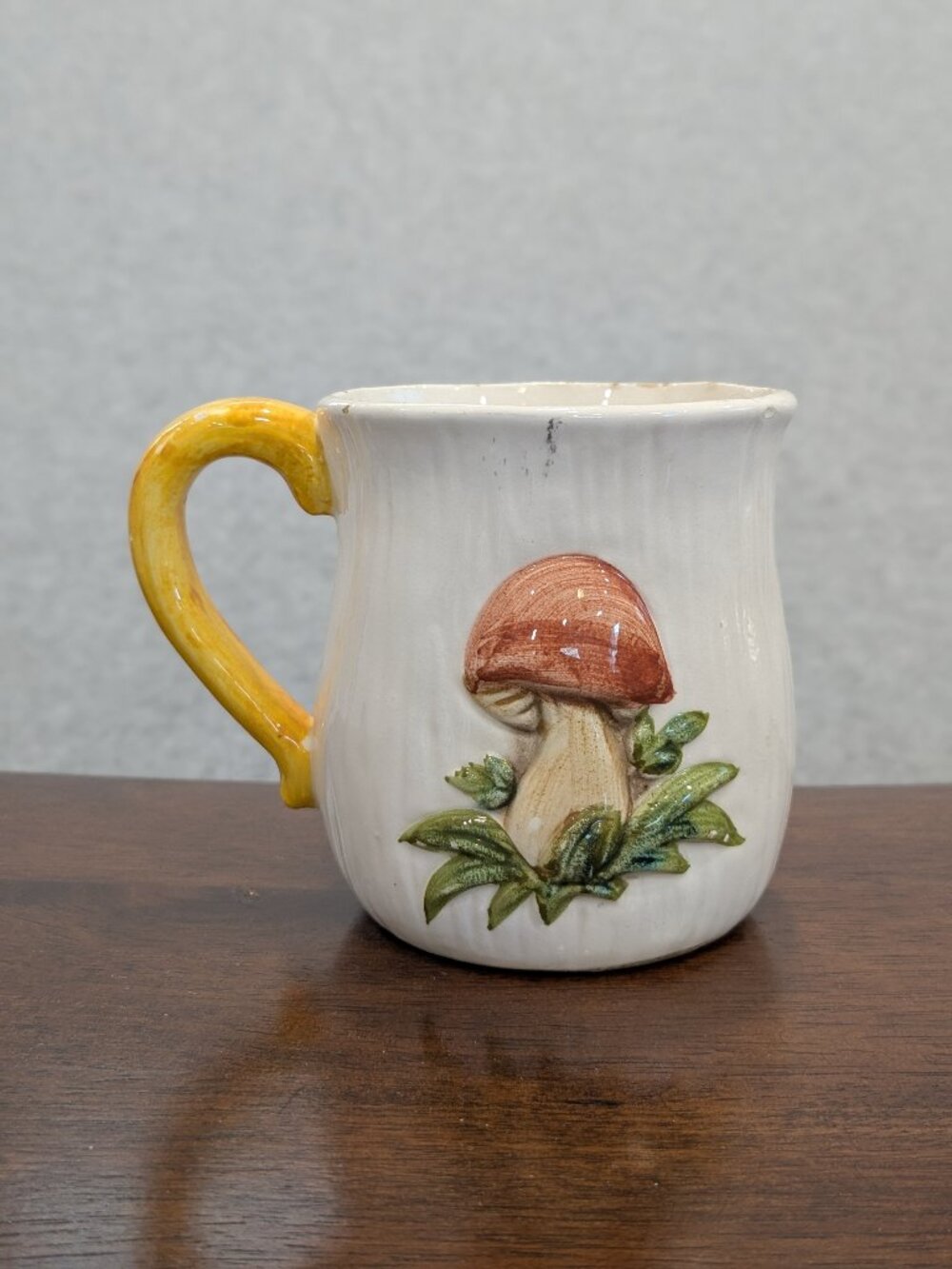 Vintage Merry Spotted Mushroom Sears Roebuck Ceramic Mug Cup 70s Yellow Boho
